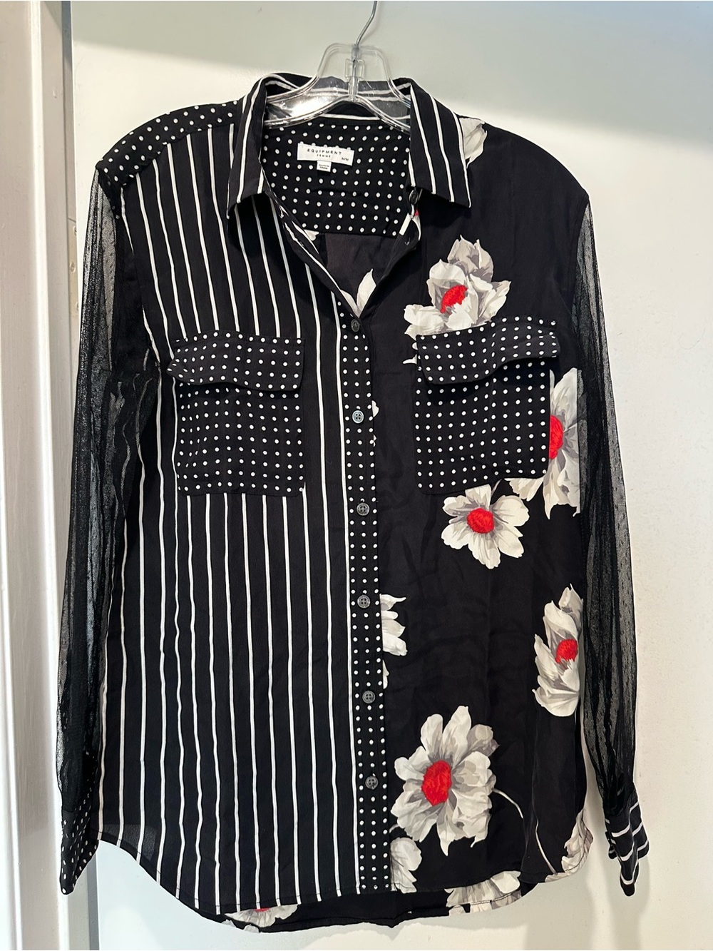 Equipment Silk Black Blouse w White Polka Dot Stripes & Flowers Sheer Sleeves M